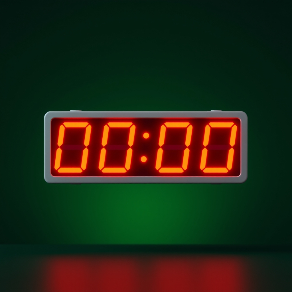 A glowing red digital countdown timer display reading 00:00