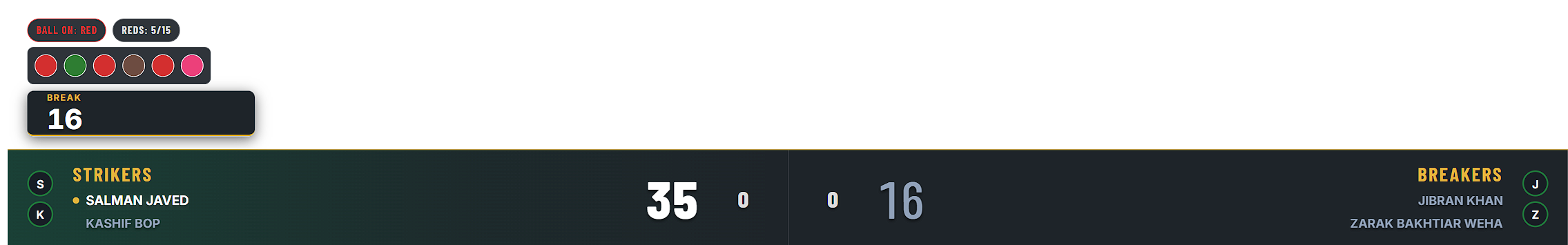SnookerFlow overlay showing the doubles score strip with four player names