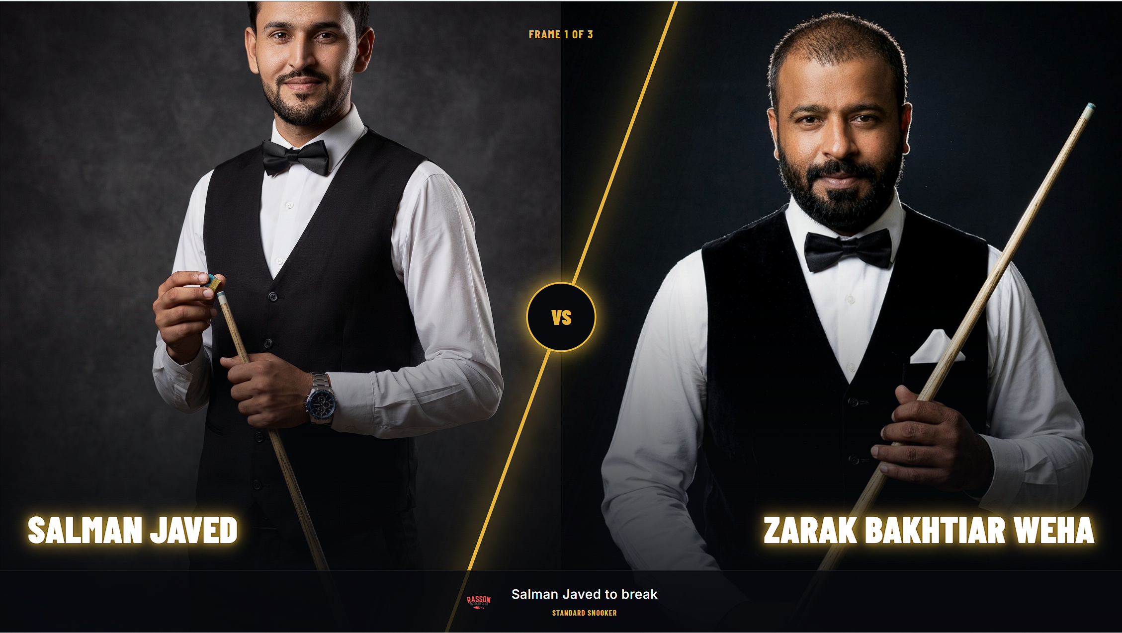 SnookerFlow overlay frame-start screen showing both players, a VS badge and the club logo