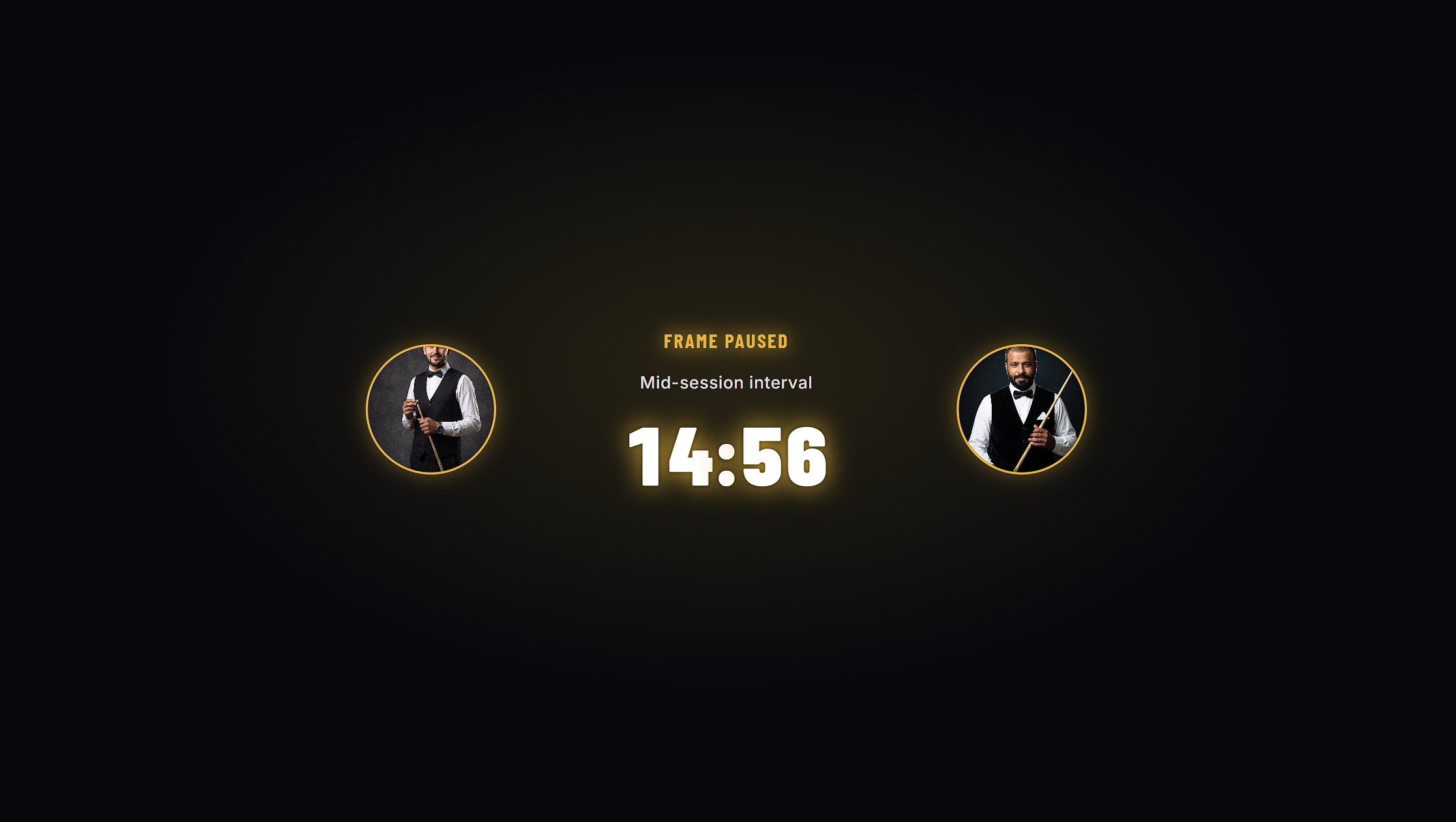 SnookerFlow overlay showing the frame-paused screen with both players and a countdown