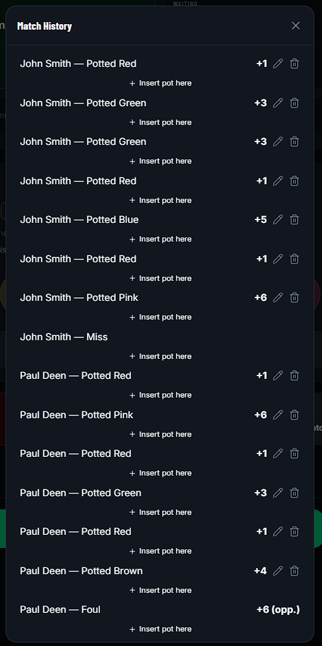 SnookerFlow's Match History modal showing an editable shot-by-shot pot log